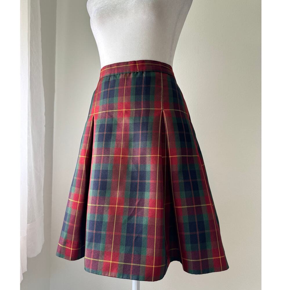Vintage '80s Dennis Red, Navy & Green Plaid Pleated Knee Length Uniform Skirt